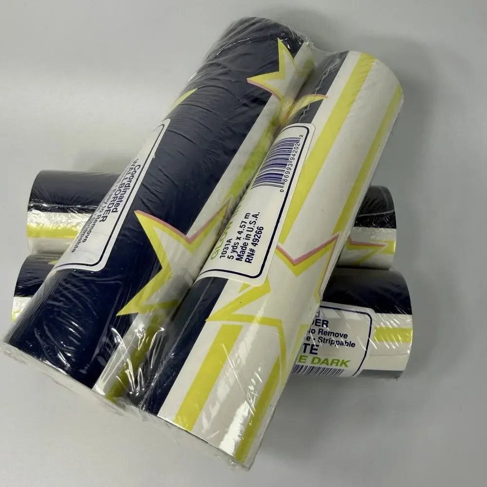 Lot 4 Rolls Vintage Starlite Glow in Dark Star Blue Stripe Wallpaper Border 20yd